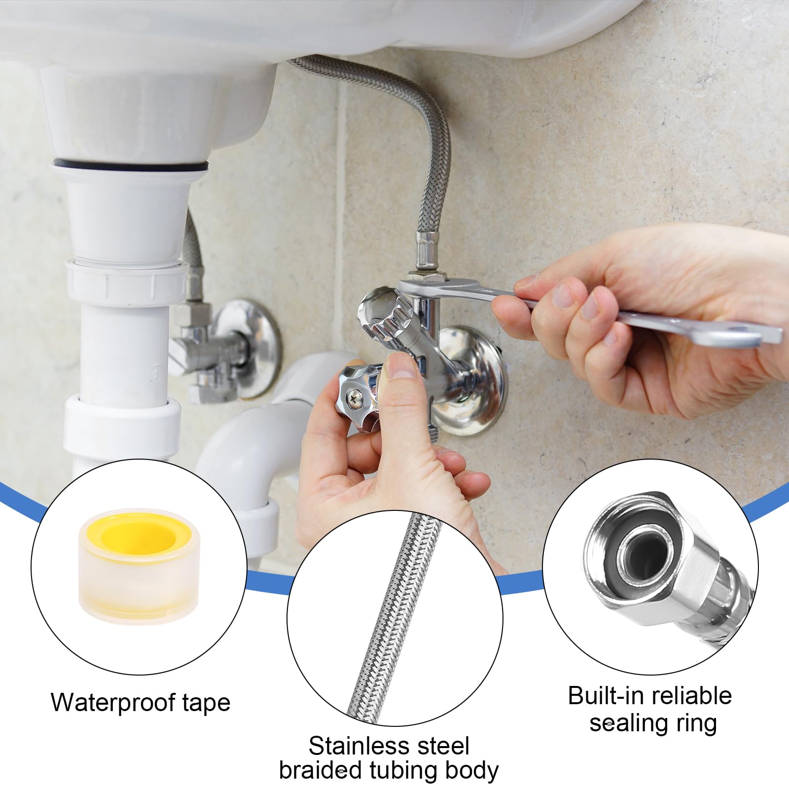 Tubo flessibile 3/8, 4 pezzi, tubo corazzato da 3/8 pollici, filettatura interna dell'acqua, prolunga 30 cm, 20 cm, tubo flessibile in acciaio inox, per rubinetto, bagno e WC