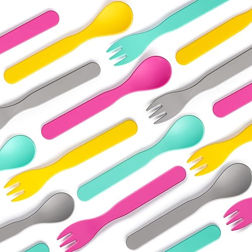 Miniatura 10 de GET FRESH Juego de cucharas y tenedores PLA para niños, paquete de 8 utensilios de ácido poliláctico sin melamina para niños pequeños - Juego de