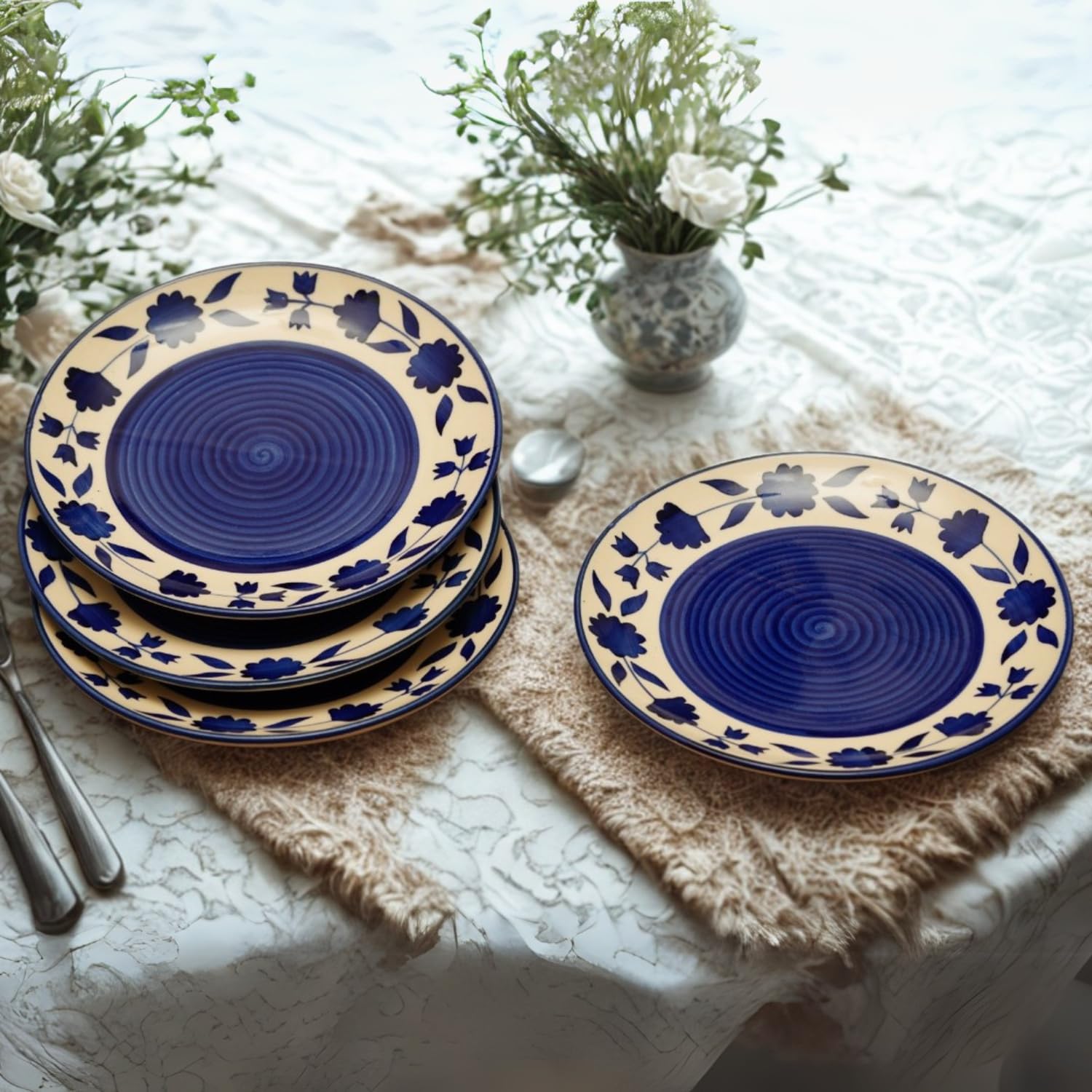 Freakway Floral 'Blue and White Plate Pair' Floral Handpainted Ceramic Quarter Plates (7 Inch, Set of 4, Microwave Safe) Dishwasher & Microwave Safe