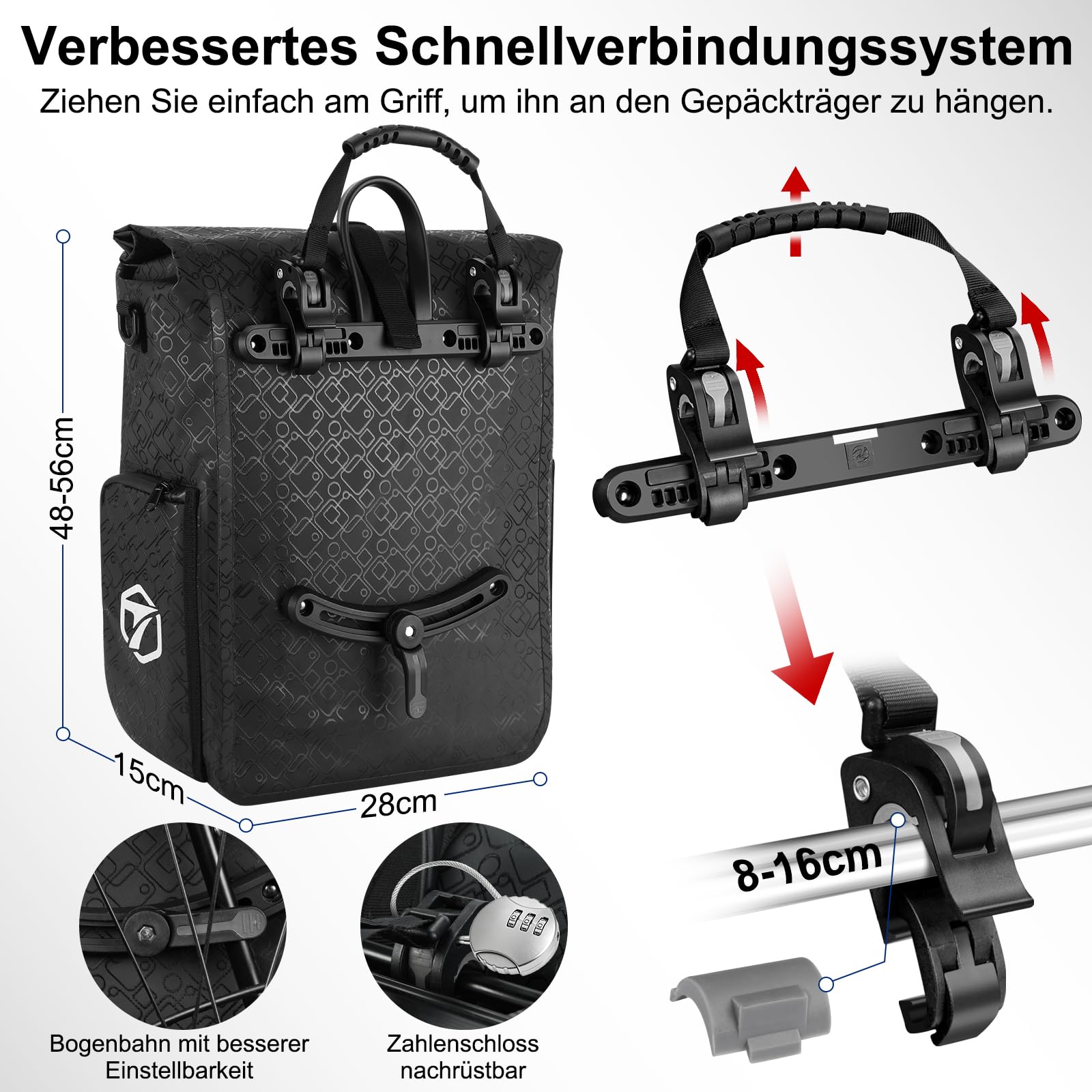 toptrek Borsa da bicicletta per portapacchi con scomparto esterno, 25 l, impermeabile | Borsa per portapacchi con tasche interne rimovibili, richiudibile, con maniglia e tracolla