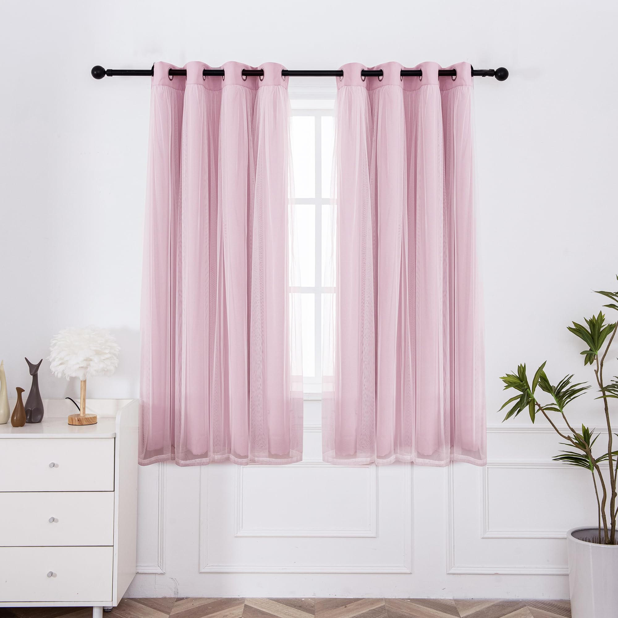Photo 1 of INLINAS Pale Pink Blackout Curtains with Sheer Overlay - Grommet Top Thermal and Noise Reduction Panels for Bedroom and Living Room Light Blocking and Energy Saving, 52 x 63 Inches, Set of 2