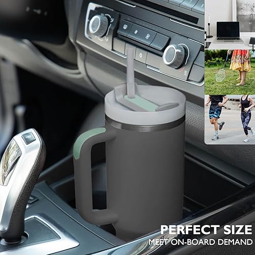 Miniatura 9 de Vaso aislado de 40 onzas con asa y tapa con popote, botella de agua de acero inoxidable de doble pared, taza de viaje reutilizable, sin BPA,