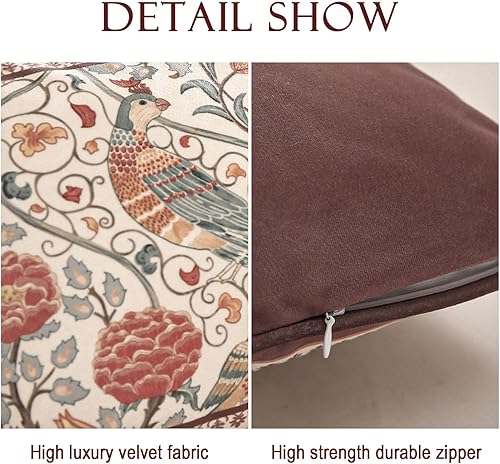 Miniatura 5 de Fundas de almohada de diseñador vintage de 12 x 20 pulgadas, fundas de almohada lumbares de terciopelo suave rojo con patrón floral de pájaros,
