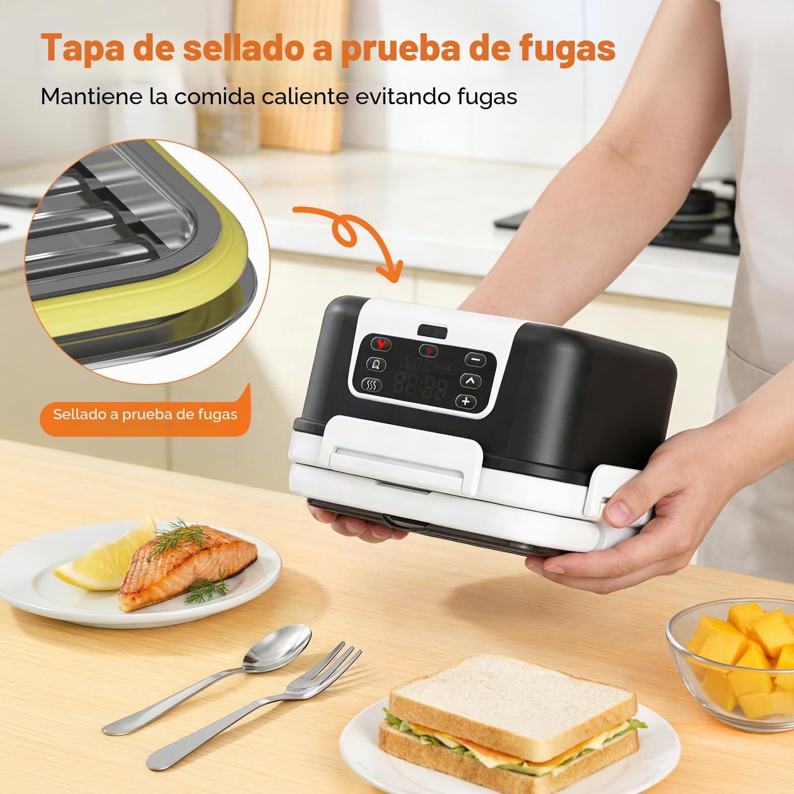 Fiambrera Eléctrica con Batería, 1,5L Taper Eléctrico para Comida Portátil, Tupper Calentador para Comida con 6 Modos de Calentamiento & Temporizador 24H, caja de almuerzo con calefacción programable