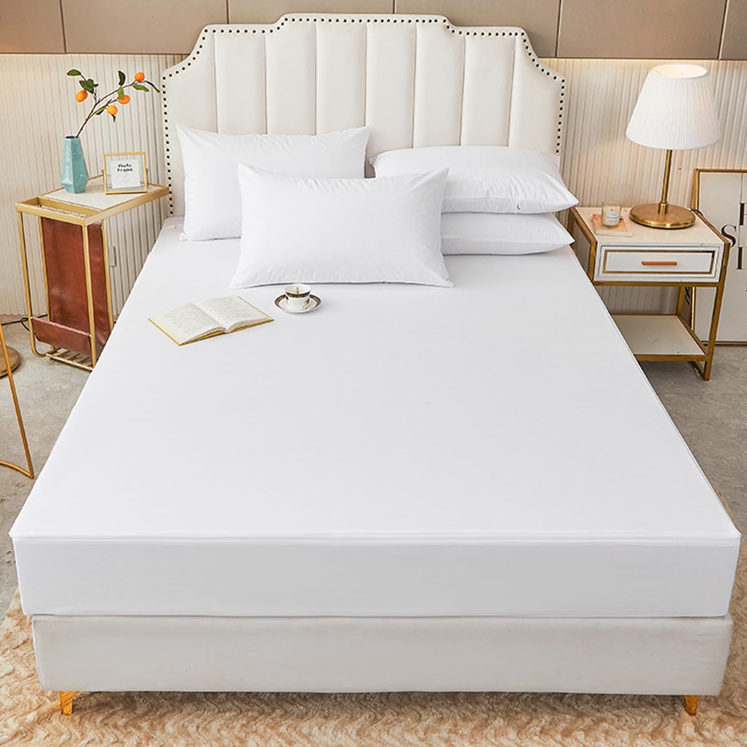 Solid Color Waterproof Fitted Sheet Queen Mattress Protector Soft Zippered Cover with Pillowcase and Machine Washable Deep Pockets,White,120 * 200+25cm