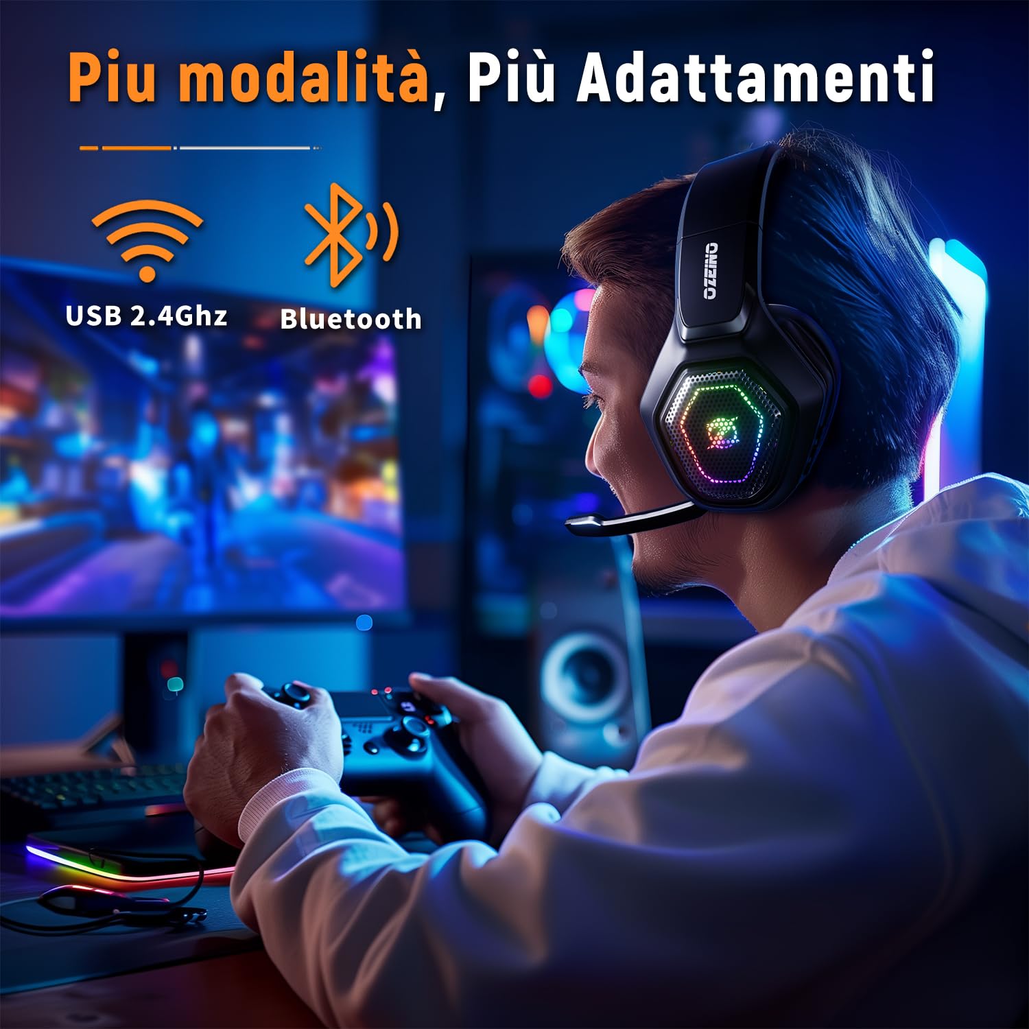 Ozeino Cuffie Gaming Wireless con Microfono 2,4 GHz, Trasmettitore USB 2,4 G e Type C, Durata della batteria di 30 ore, Cuffie Gaming per Ps5, Ps4, PC