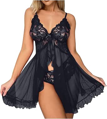 Deep V Lace Semi-Sheer Sexy And Charming Design Sleepwear Set, For Women