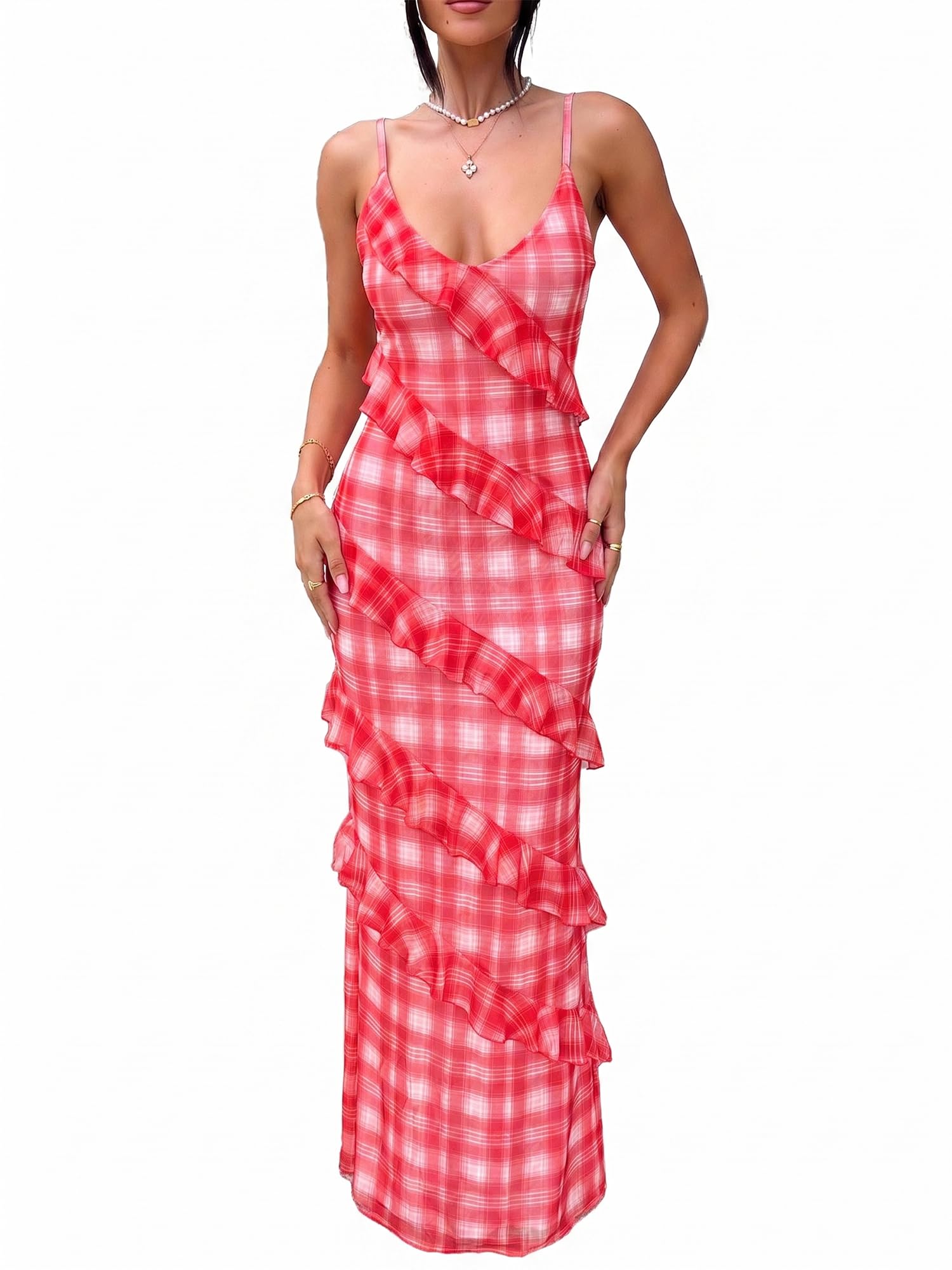 HOCILLE Women's Sexy V Neck Mesh Bodycon Wedding Guest Cocktail Maxi Dress | Sundress Spaghetti Strap Elegant Ruffle Party Long Dresses
