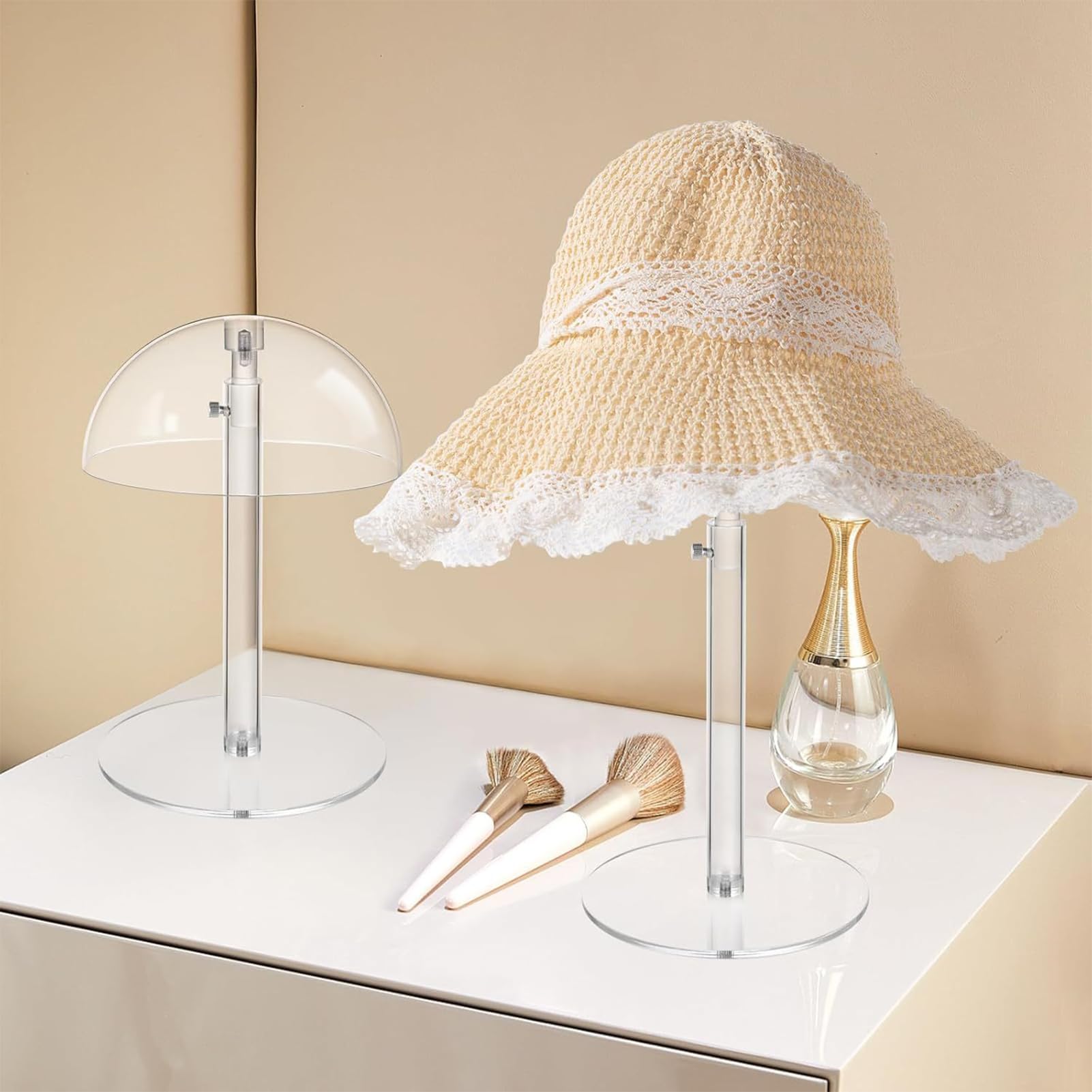 Acrylic Hat Stand - 40cm Adjustable Holder | Clear Domed Pedestal, Decorative Height Adjustable Storage for Fedora Wigs and Jewelry Display on Bedroom Dresser Closet Table and Boutique