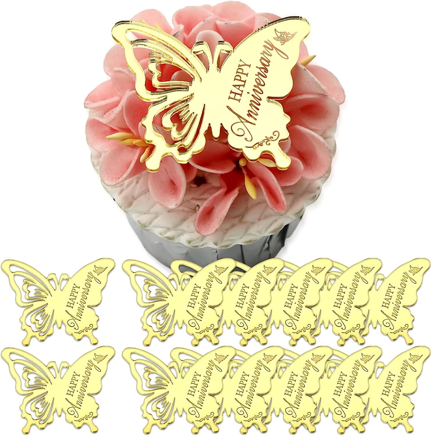 12 Pieces Happy Anniversary Color Golden Butterfly Acrylic Cupcake Toppers For Anniversary Cake Decoration Wedding Party Supplier