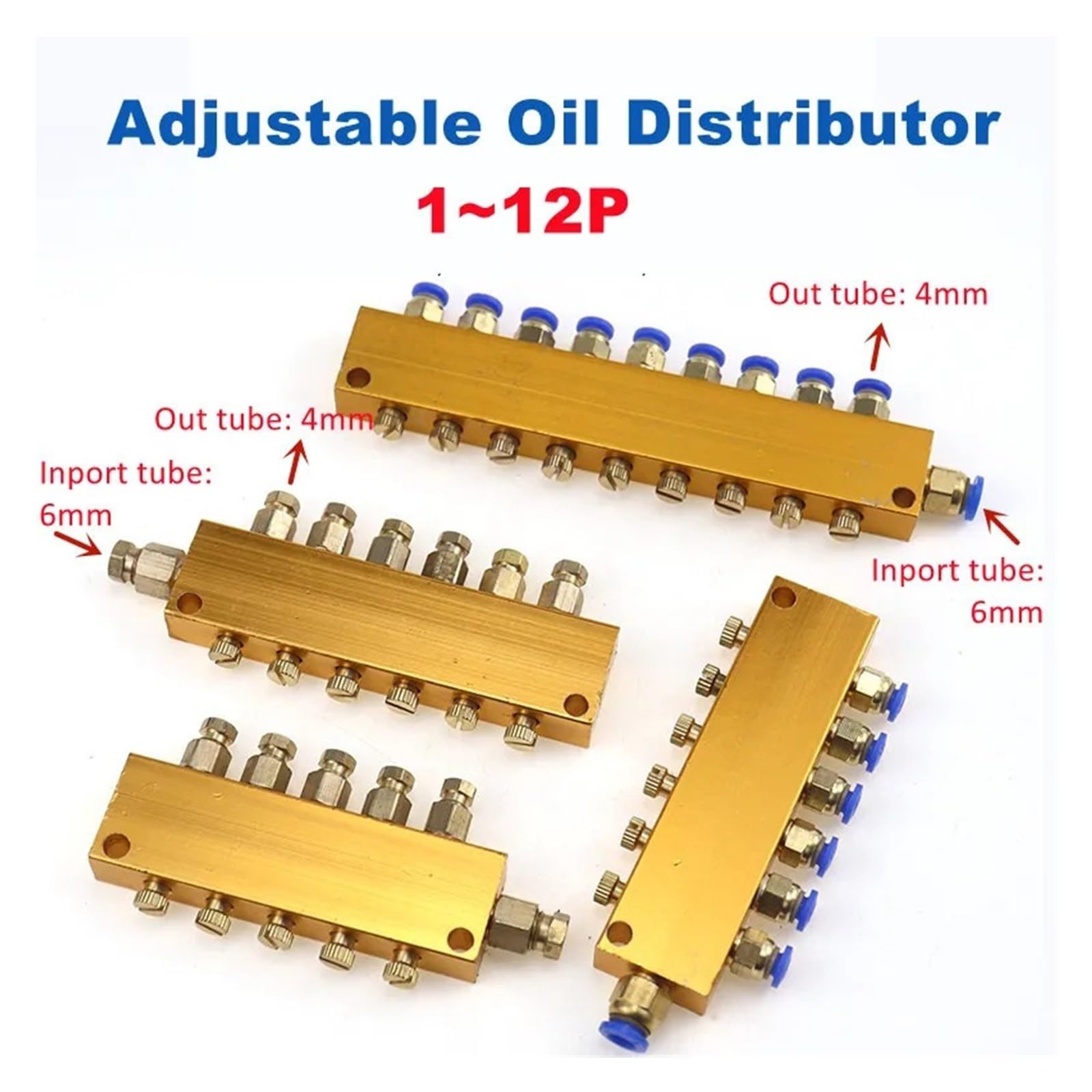 Sistemi di lubrificazione centralizzata, Sistema di lubrificazione in alluminio, distributore di olio lubrificante regolabile, blocco collettore, ingresso 6 mm, uscita 4 mm, 2-12 vie, tonalità oro(7 W