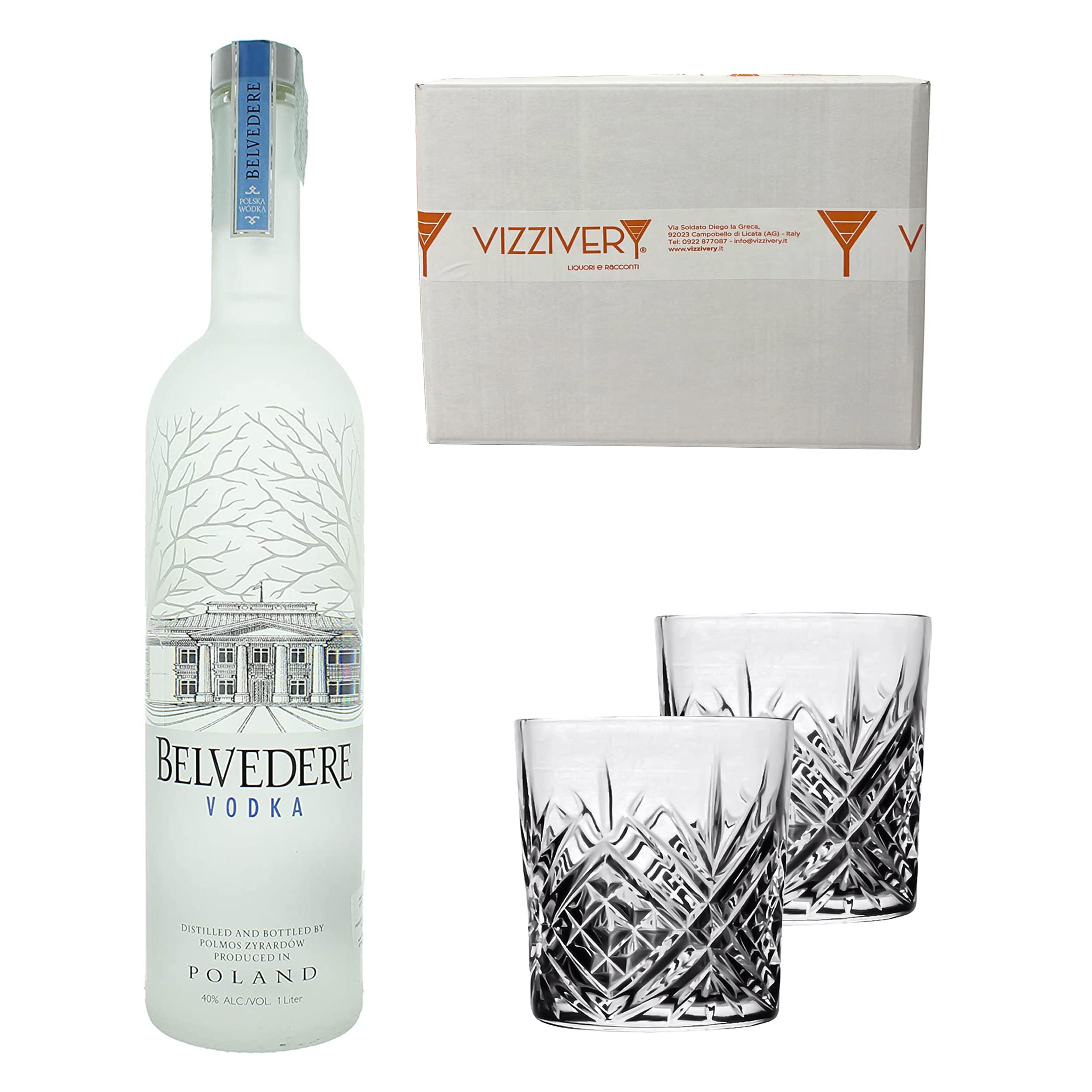 Belvedere Vodka 40% Vol. 1000 ml - Due Bicchieri In Vetro da 300 ml