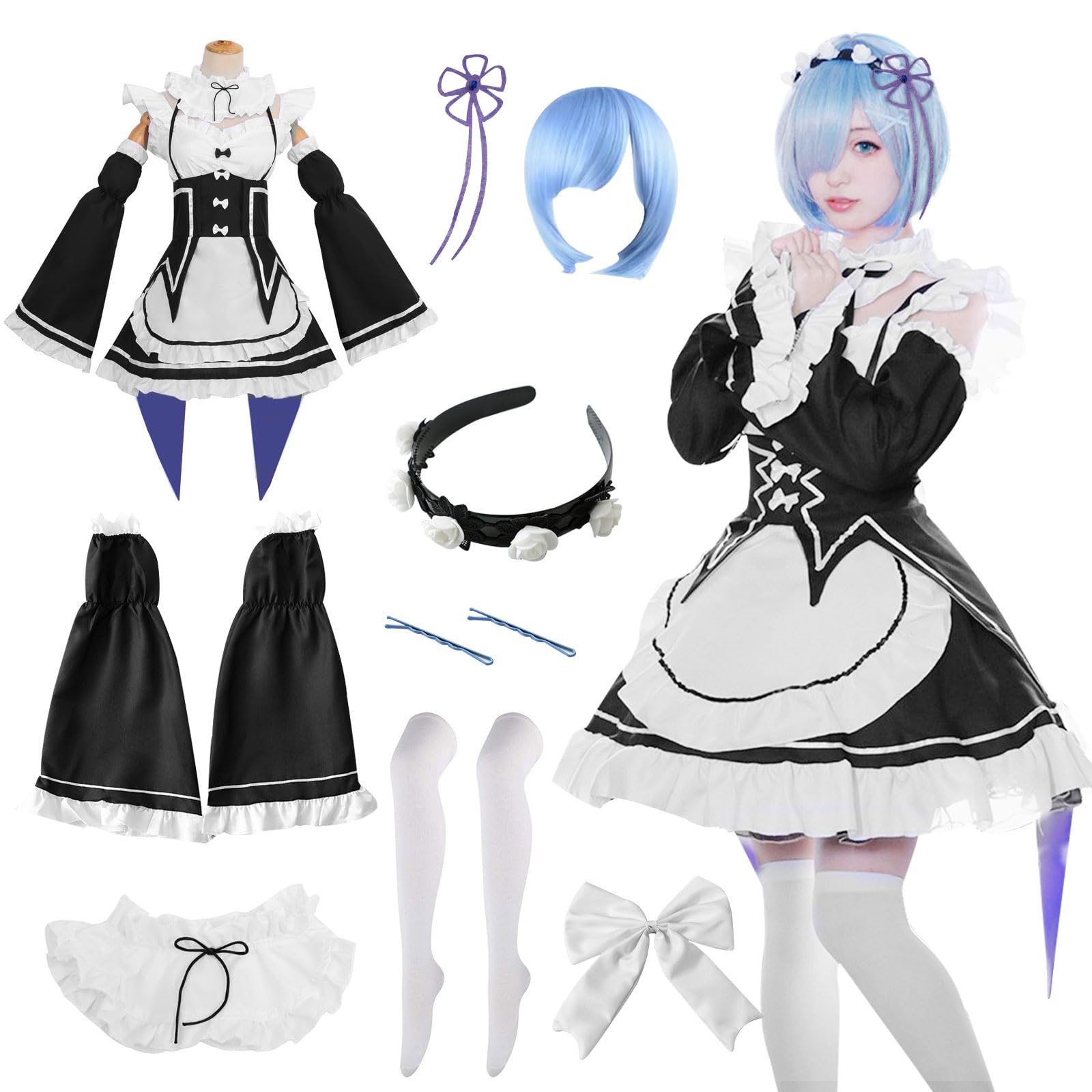 YushengTai Maid Dress, Black White Maid Outfit, Classic Cosplay Anime Costume, Maid Dress with Blue Wig, Women's Fancy Dress Costume, Christmas, Halloween Party, Carnival Costume, M