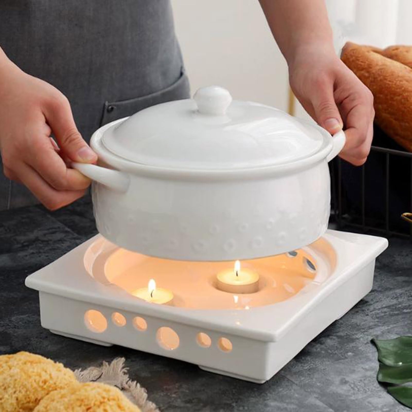 Zuppiera grande in ceramica con coperchio, ciotola a doppia maniglia, decorazione per la casa per la cucina del ristorante