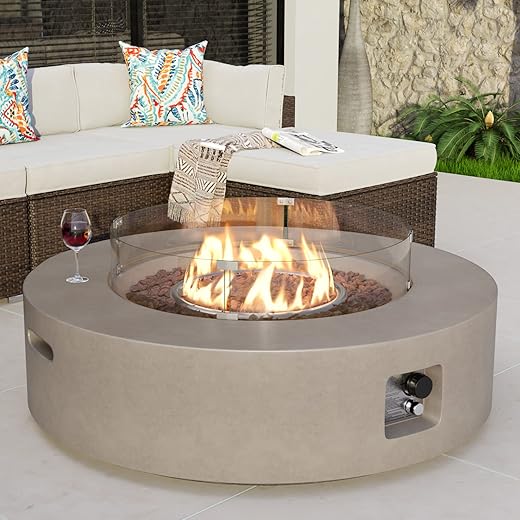 COSIEST Outdoor Propane Fire Pit Coffee Table w Gray 40.5-inch Round Base Patio Heater, 50,000 BTU Stainless Steel Burner, Wind Guard, Tank Outside, Free Lava Rocks, Waterproof Cover