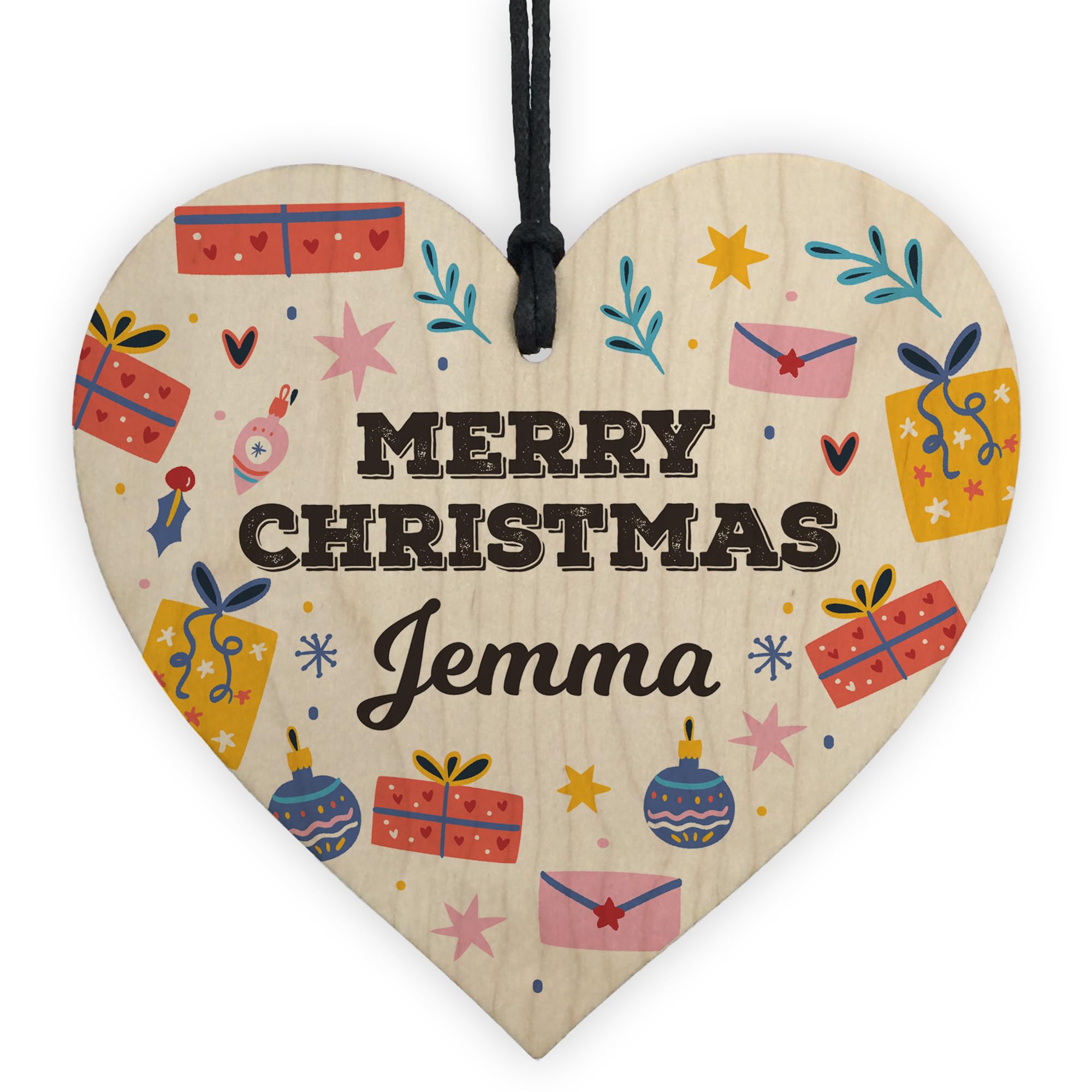 Red Ocean Merry Christmas Personalised Friends Family Colleagues Gift Wooden Heart Decoration, Secret Santa Gifts For Colleagues Friends, Personalised Gift Tag For Son Daughter Mum Dad (Design 5)