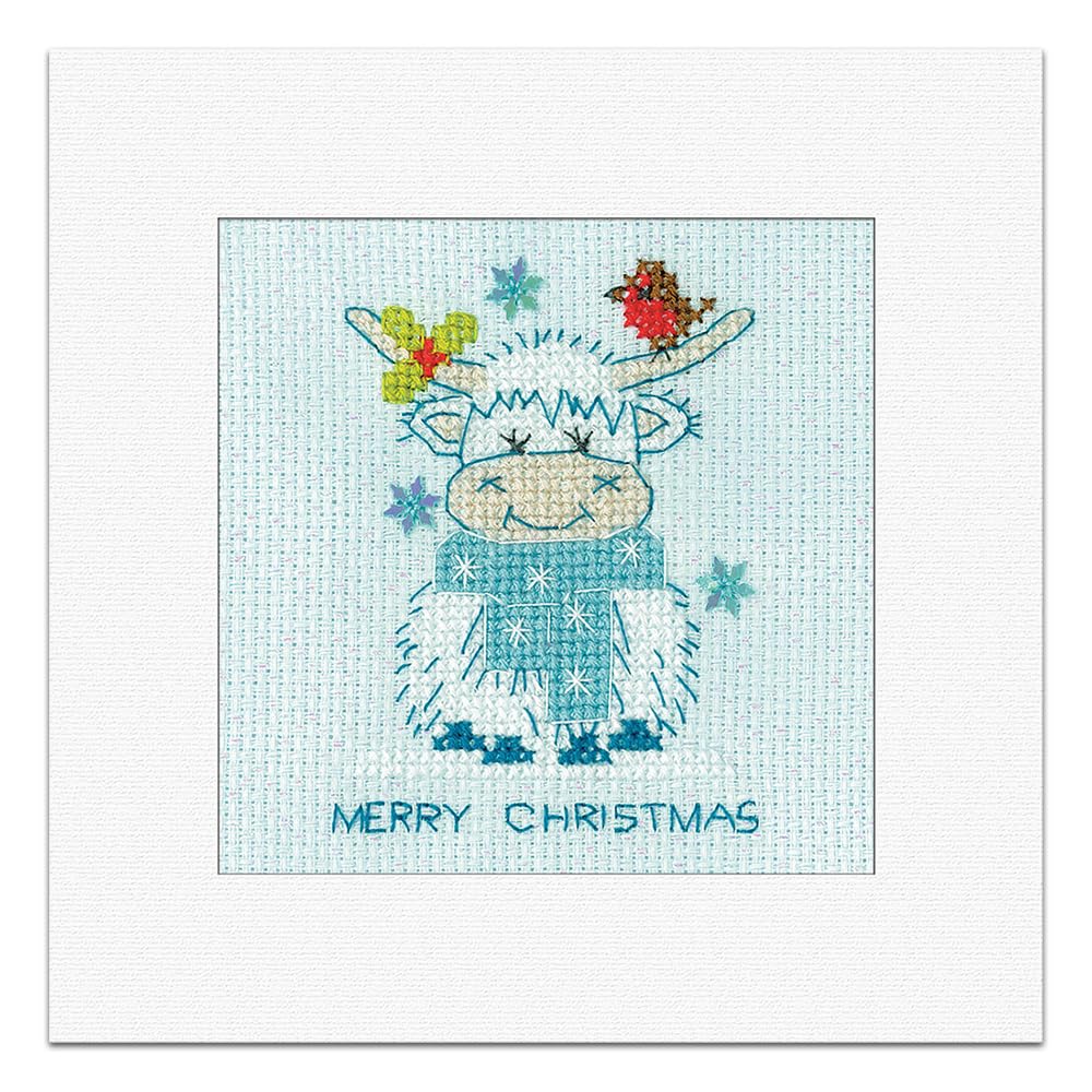 Heritage Crafts Sparkle & Sequin Christmas Card Cross Stitch Kit - Frosted Highland Cow - Scarf Cross Stitch Card Kit