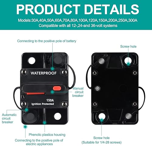 Miniatura 4 de Disyuntor impermeable de 150 amperios, con reinicio manual, 12 V-48 V CC, para motores marinos de arrastre de automóvil, barco, ATV, protección de