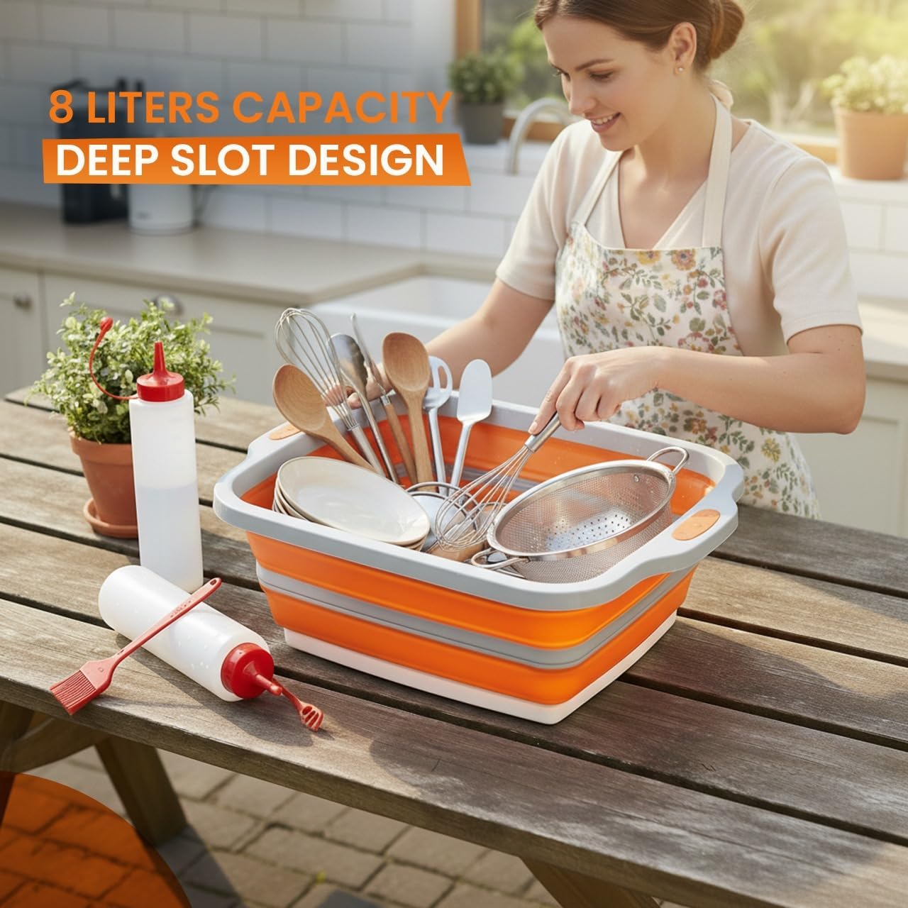 Collapsible BBQ Prep Tub, for Meal Prep, Marinade Container, w/ Cutting Board, Multi-Function Grill Caddy w/Colander & Lid, (8L) Tub With/2 Squeeze Bottles1 Silicone Cleaning Brush for Picnic-Camping-