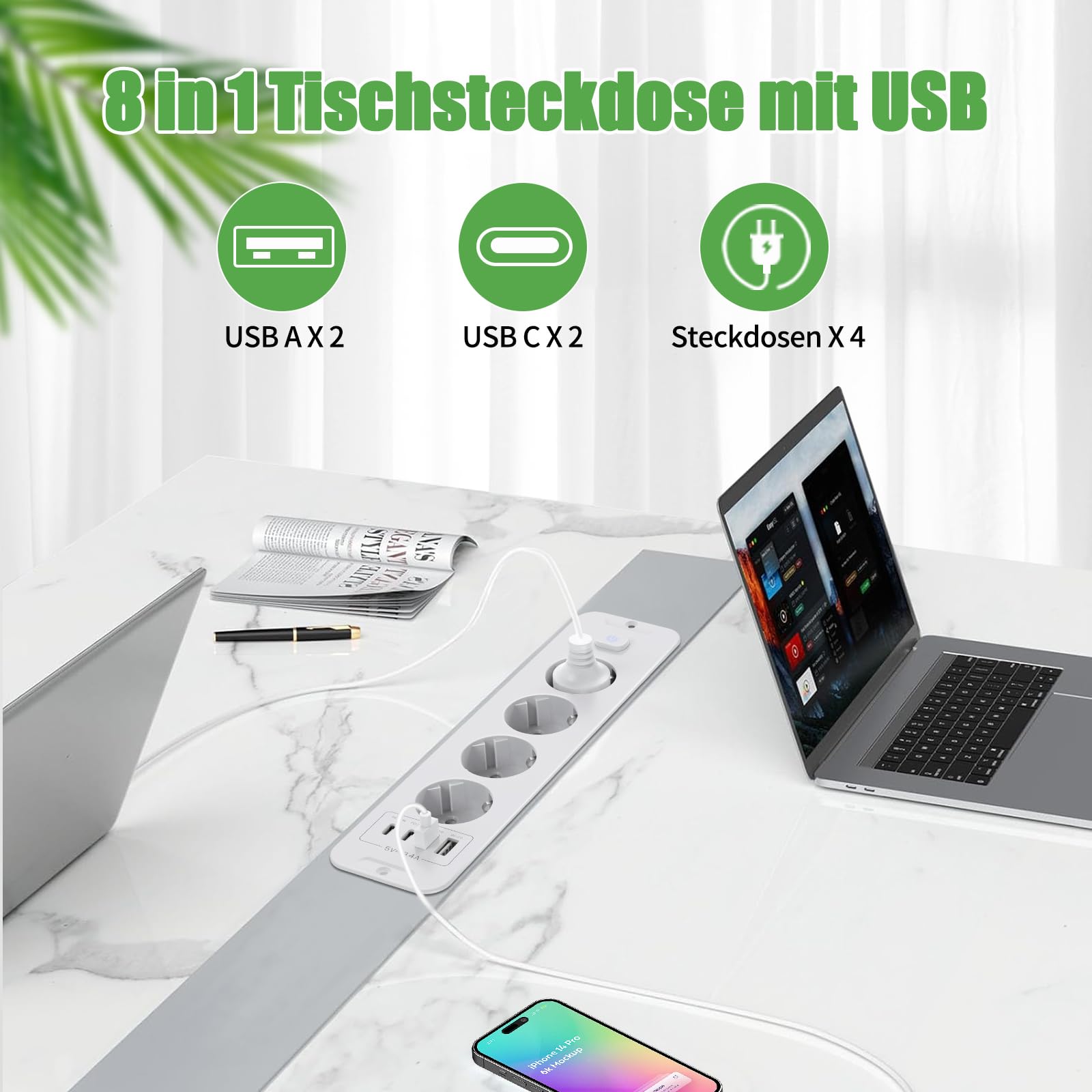 Toma de Empotrar Corriente con 2 USB y 2 Type-C, 4 Tomas Enchufes Multiple Empotrada de Sobremesa con Interruptor, Regleta de Enchufes Empotrada con Cable de 2M para Muebles de Encimera, Blanco — view 2