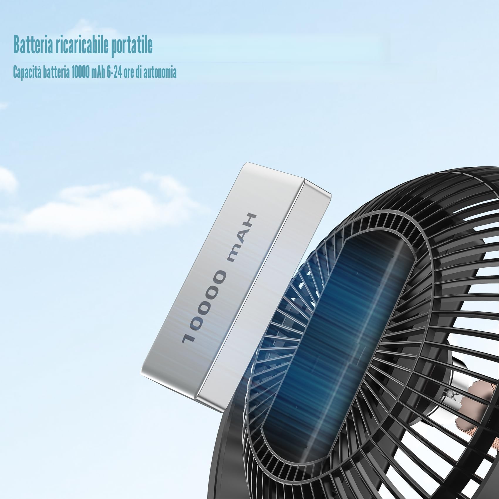 ATEngeus Mini ventilatore USB 8 pollici con batteria 10000 mAh, portatile piccolo ventilatore da ufficio, 4 velocità, doppia rotazione a 360°, con cavo USB, adatto per famiglie, uffici