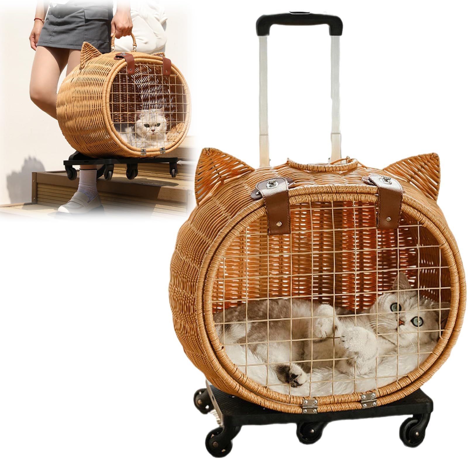 Pet Trolley On Wheels, Bamboo Woven Cat Suitcase with Wheels, Portable Outdoor Pet Trolley Bag for Cat And Small Dog, Handmade Rattan Weaving Pet Trolley Case