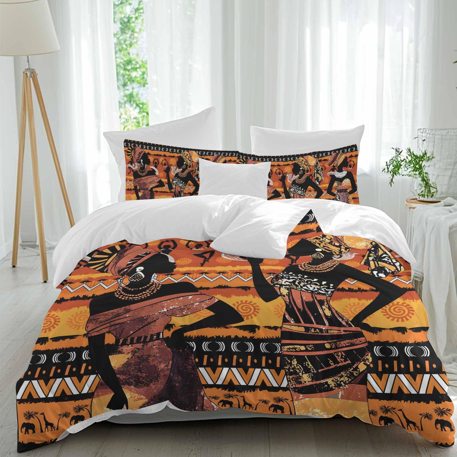 Boho African Black Women Bed Duvet Cover Twin Size Washed Patterned Textured Duvet Cover Sets with Zipper Tiers