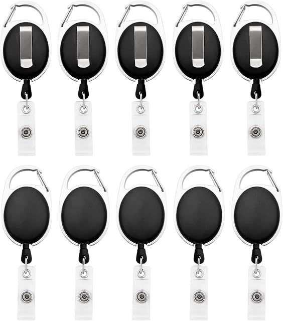 Fushing 10Pcs Carabiner Badge Reels Clips with Belt Clip Retractable Badge Holder Clips ID Card Holder Clips (Black)