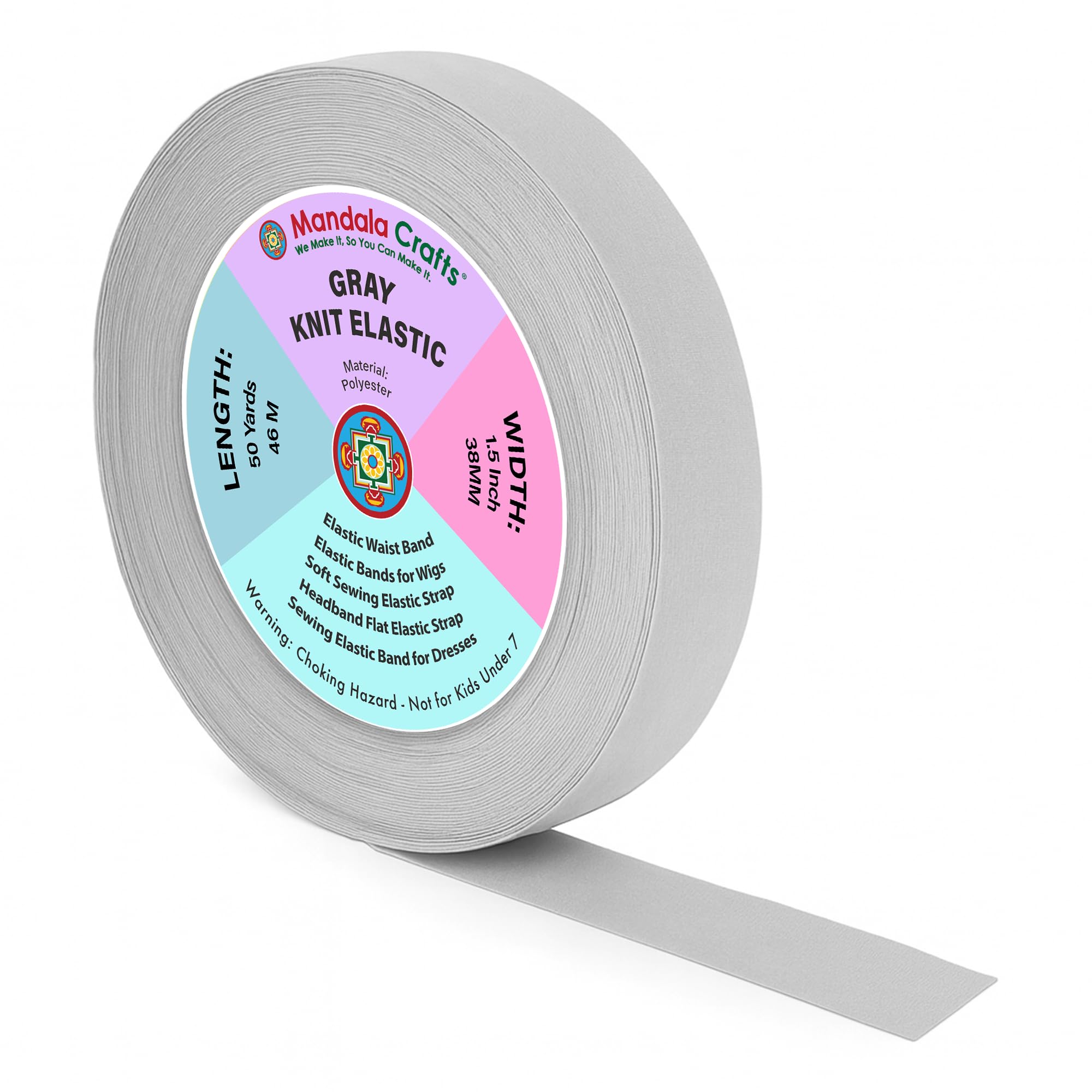 Mandala Crafts Wide 1.5 Inch Gray Elastic Bands Spool for Pants Waistbands Sewing and DIY Crafts, 50 YD Stretchy Flat Fabric Strap Knit Elastic Band