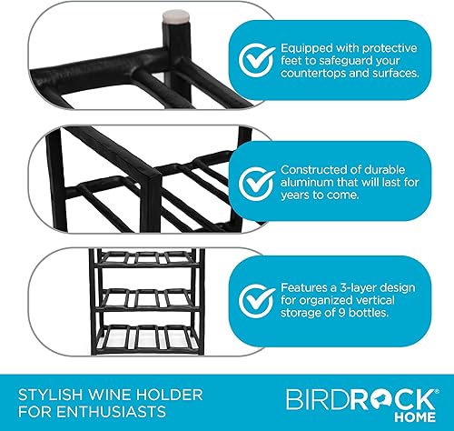 Miniatura 6 de BIRDROCK HOME Estante para vinos, soporte independiente, metal de aluminio forjado, encimera de cocina, color negro, armario de almacenamiento