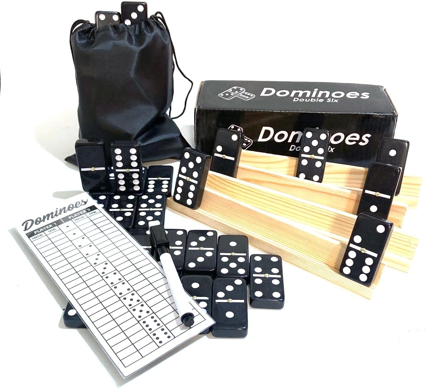 PRK 14 Double Six Dominoes Large Size Full Set Comes with Score pad & Pen 4 pcs Wooden Domino Racks and Black Dominos Bag Adults Seniors Black Color (01)