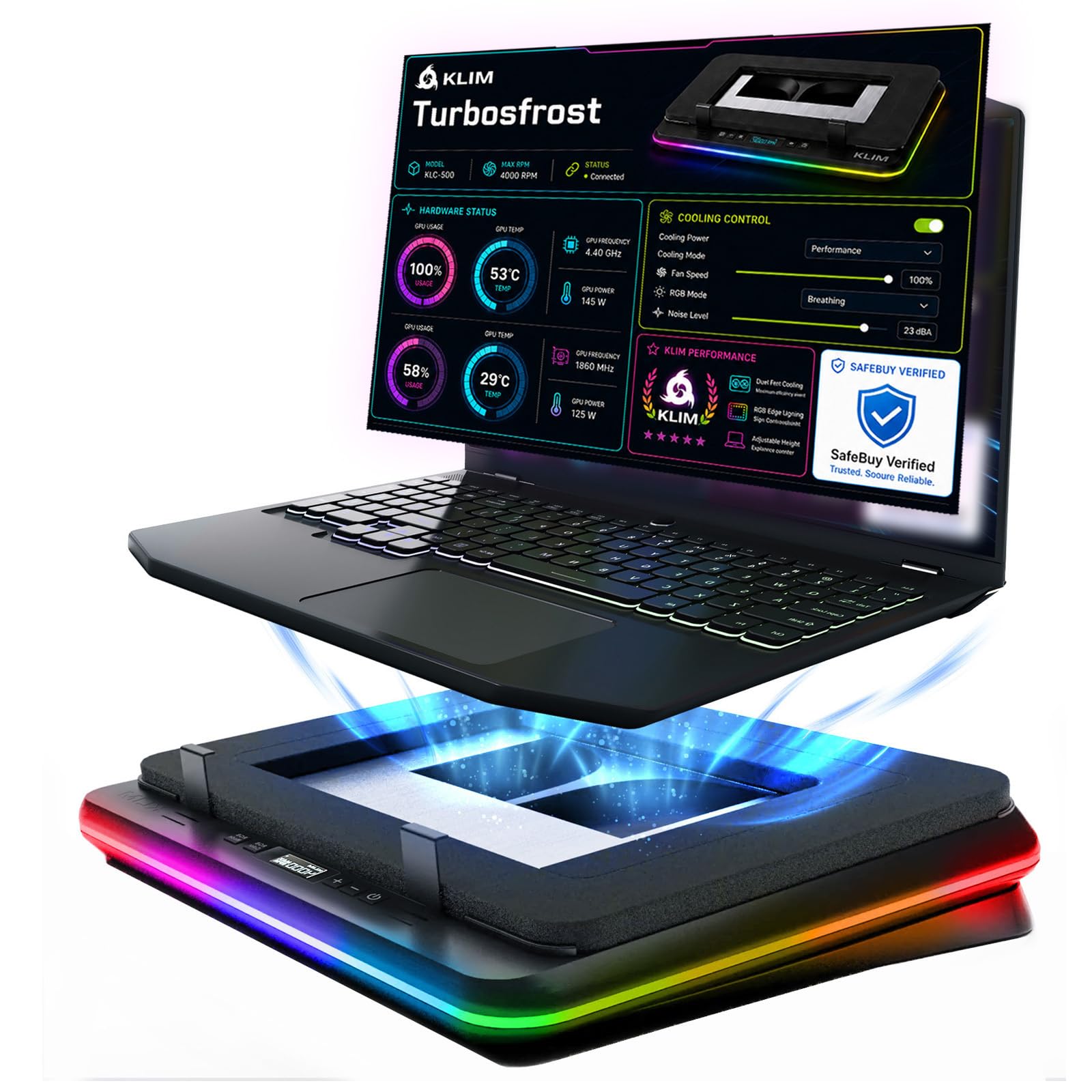KLIM Turbofrost Refroidisseur PC Portable 4 Turbo Ventilateurs - 4x4000 RPM, 4 Ports USB, RGB Dynamique, 2 Modes d'alimentation USB-C/DC, Mousse Isolante - Support PC Portable 14-17in - Espace Gris