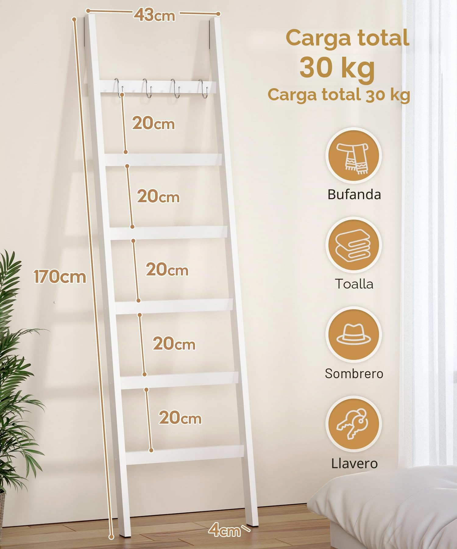Yorbay Toallero Escalera con 6 Peldaños 2 Correas de Seguridad contra Caídas y 4 Ganchos Toallero para Baño Decorativo Escalera de bambú Escalera Decorativa (Blanco)