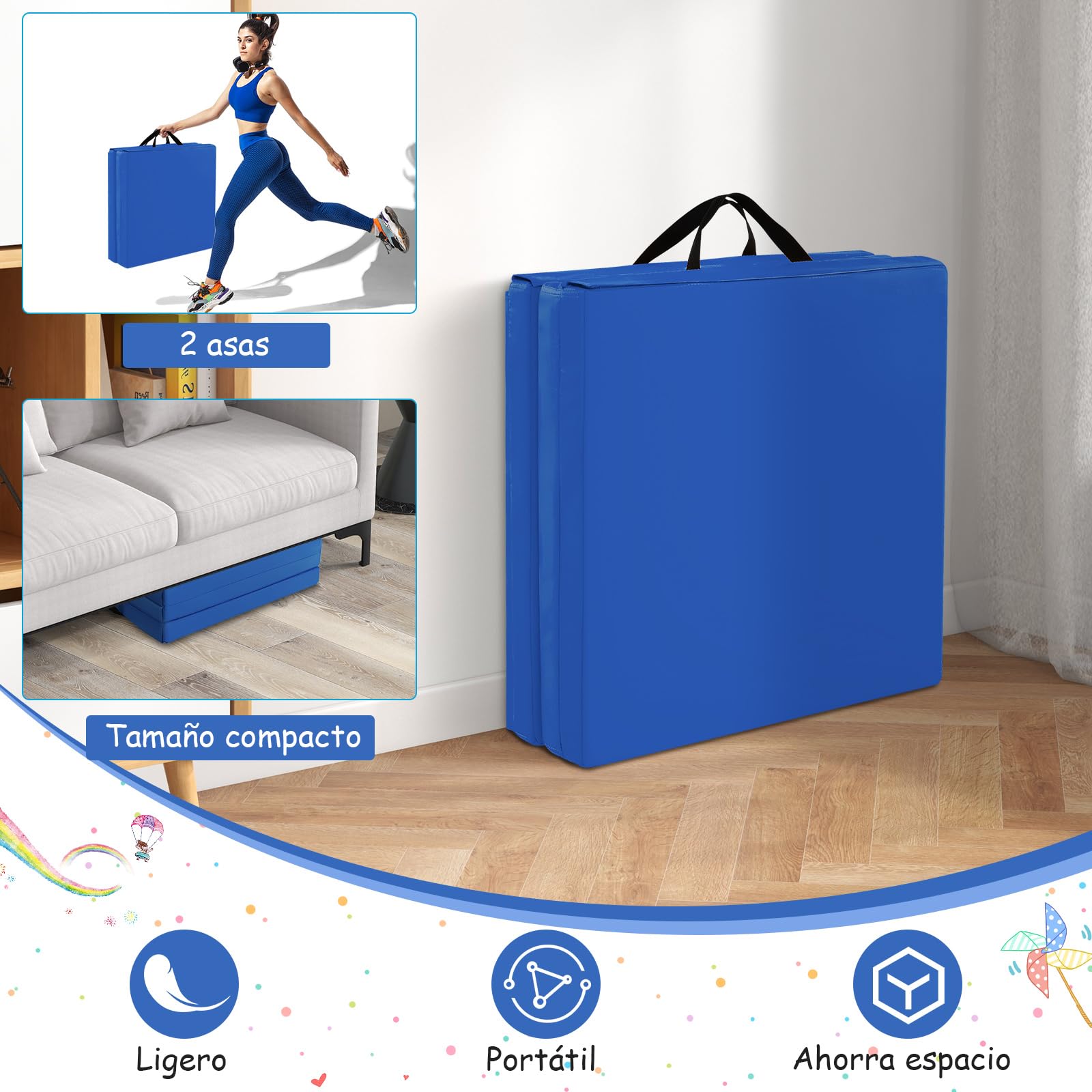 COSTWAY 180 x 60 x 5 cm Colchoneta de Gimnasia Plegable, Esterilla de Gimnasia con Superficie Impermeable y Algodon Perlado, Estera Suave de Yoga con 2 Asas para Niños Adultos (Oscuro Azul)