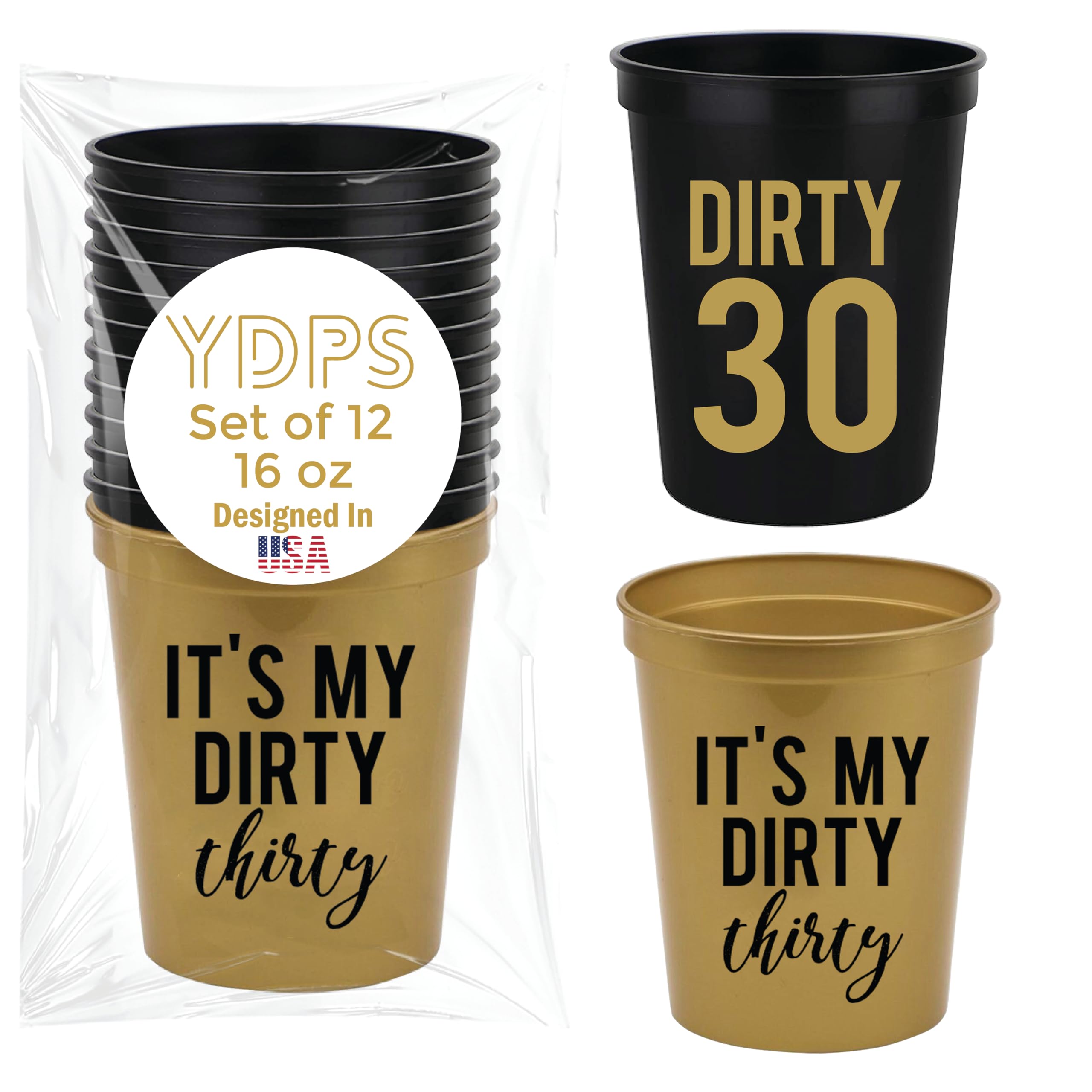 Dirty 30 Birthday Decorations For Him and Her, Set of 12 Cups - Includes 1 Metallic Gold "It's My Dirty Thirty" and 11 Cups for 30th Party Favors,