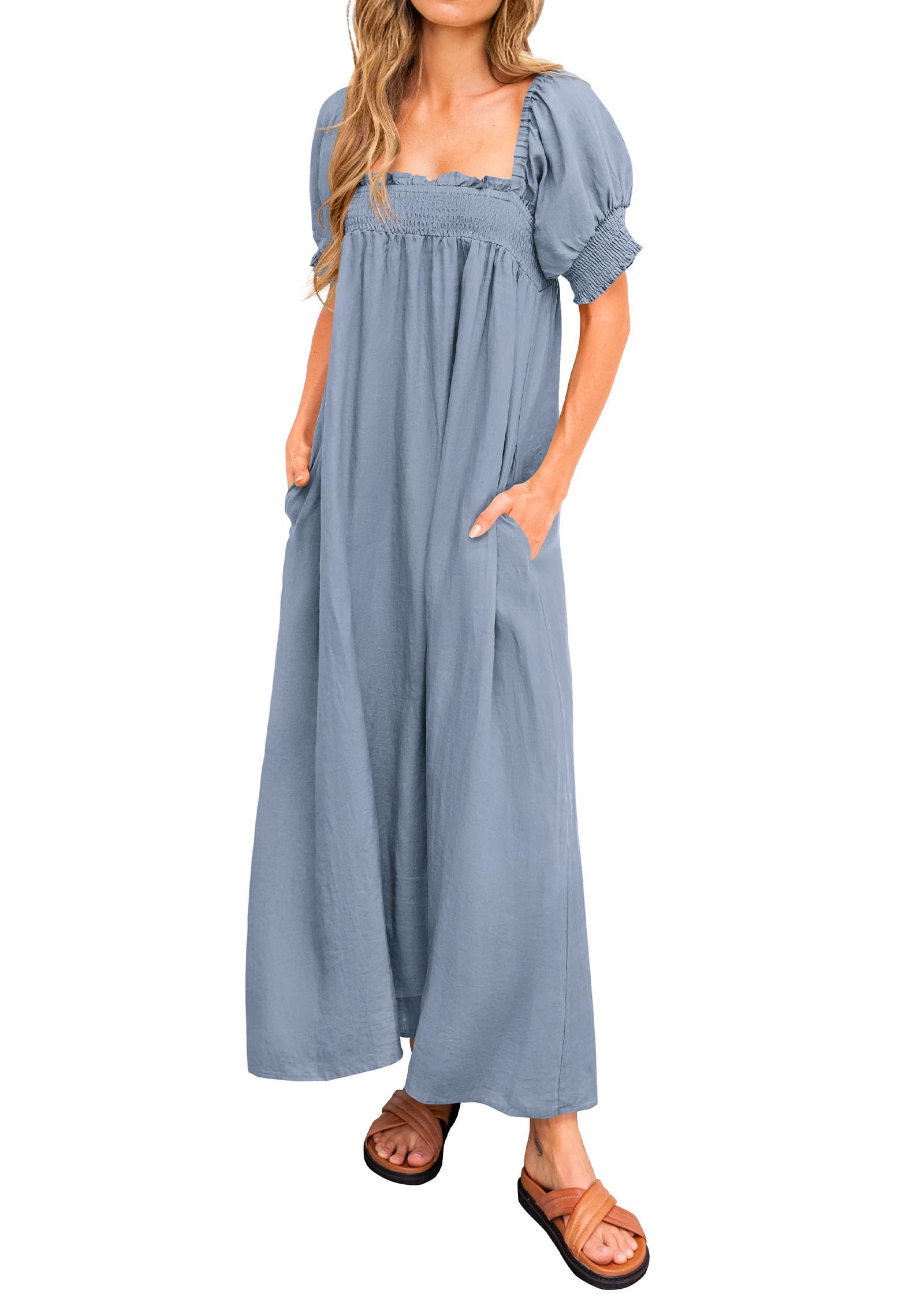 Women 2026 Summer Maxi Dress Casual Loose Puff Sleeve Square Neck Maternity Flowy Long Beach Dresses with Pockets-image-29