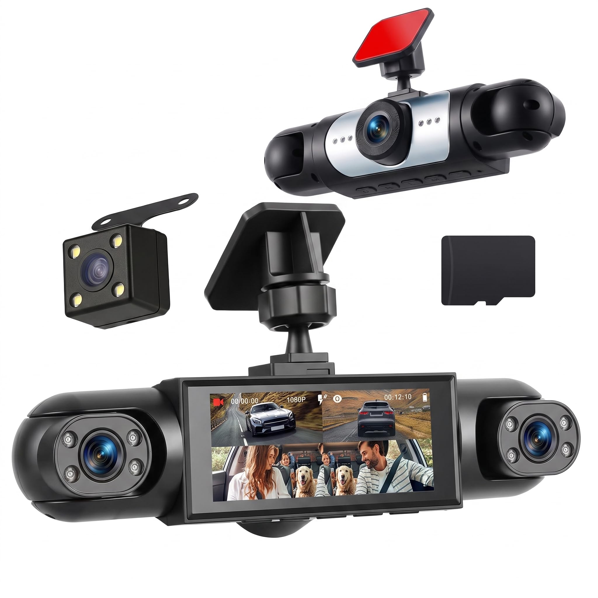 1080P Dash Cam 360 Gradi 4 Canali, Schermo 3.16 Pollici con 64GB