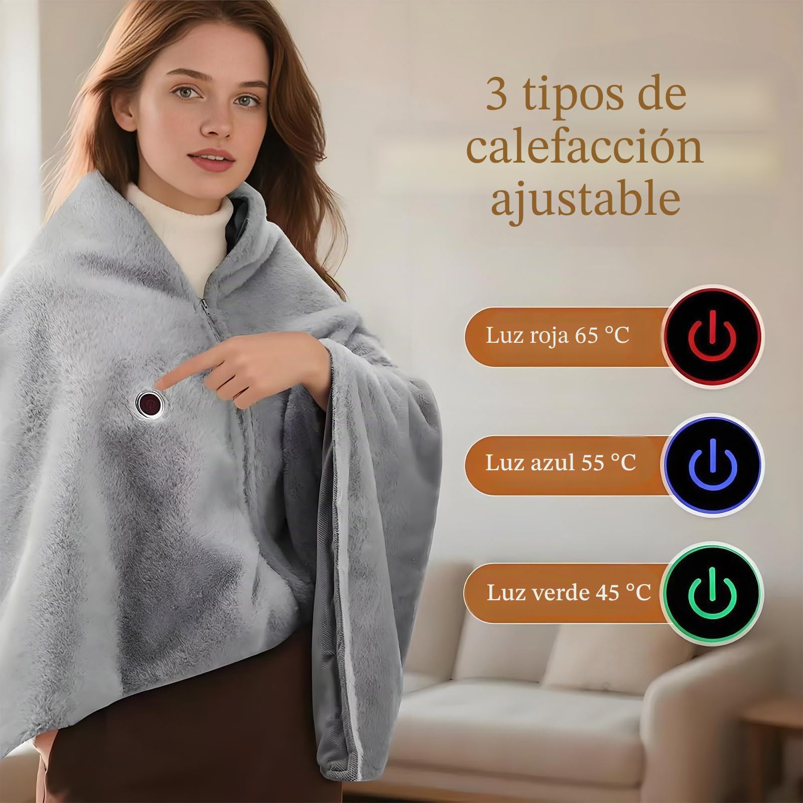 Manta Térmica Wearable | USB, Portátil, Lavable | 3 Temperaturas | Ideal para Senderismo, Coche, Trabajo | Funciona con Power Bank, Batería Externa o Enchufe