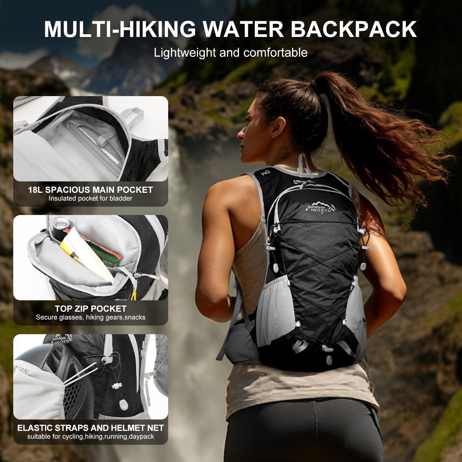 IX INOXTO Hydration Backpack, 18L Lightweight Hiking Backpack with 2L Water Bladder Daypack Women Men, Water Backpack Insulated Hydration Pack for Hiking, Running, Festival, Cycling