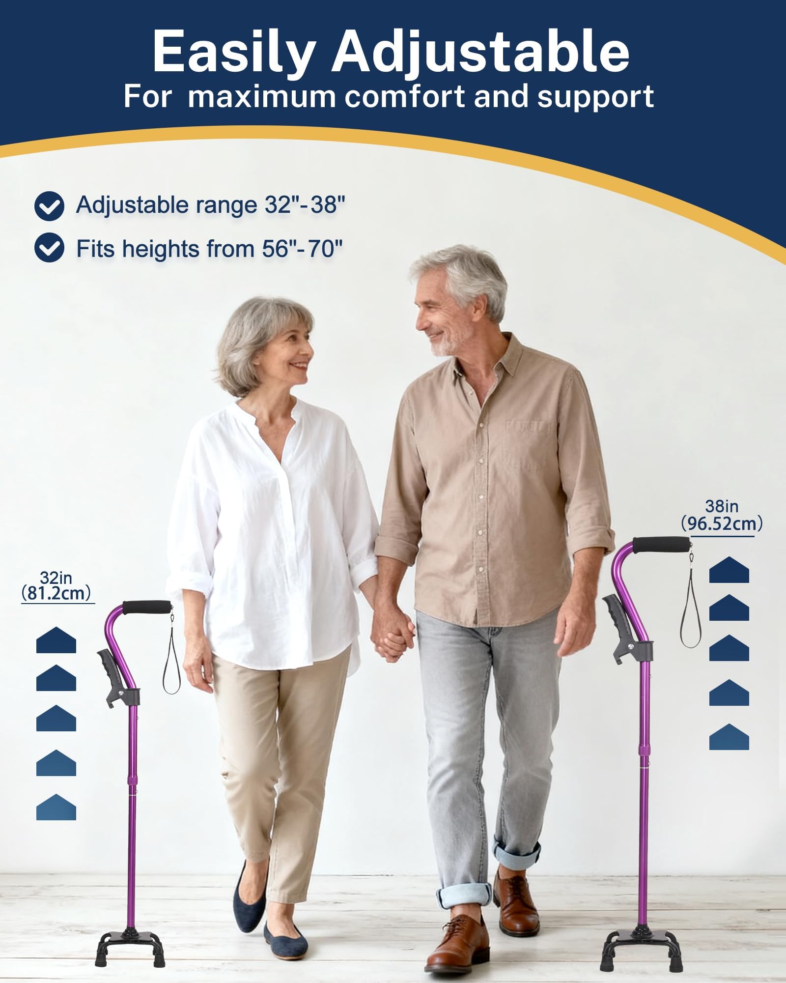 usammenklappbare Heavy Duty mit weichen-Purple KUAZIDAR Bastón para Ancianos con Base de 4 Puntas para Máxima Estabilidad, Bastón de Caminar de Aluminio Ajustable en Altura