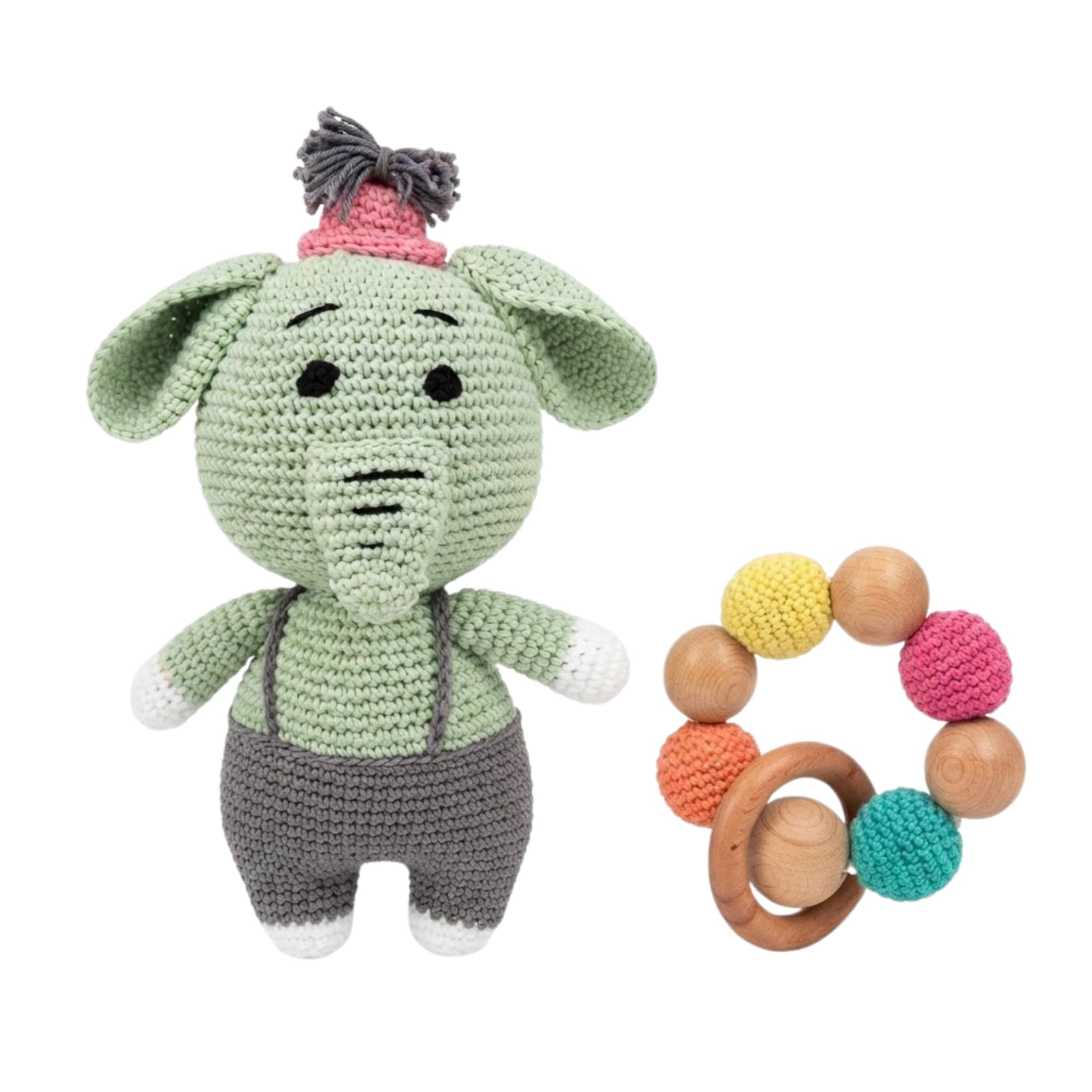 Handmade Crochet Newborn Gift Set | Amigurumi Animal Gift Combo with Wooden Ring & Crochet Accessories | Nursery Decoration | Handmade Keepsake (New Born Set- 1)-image-22