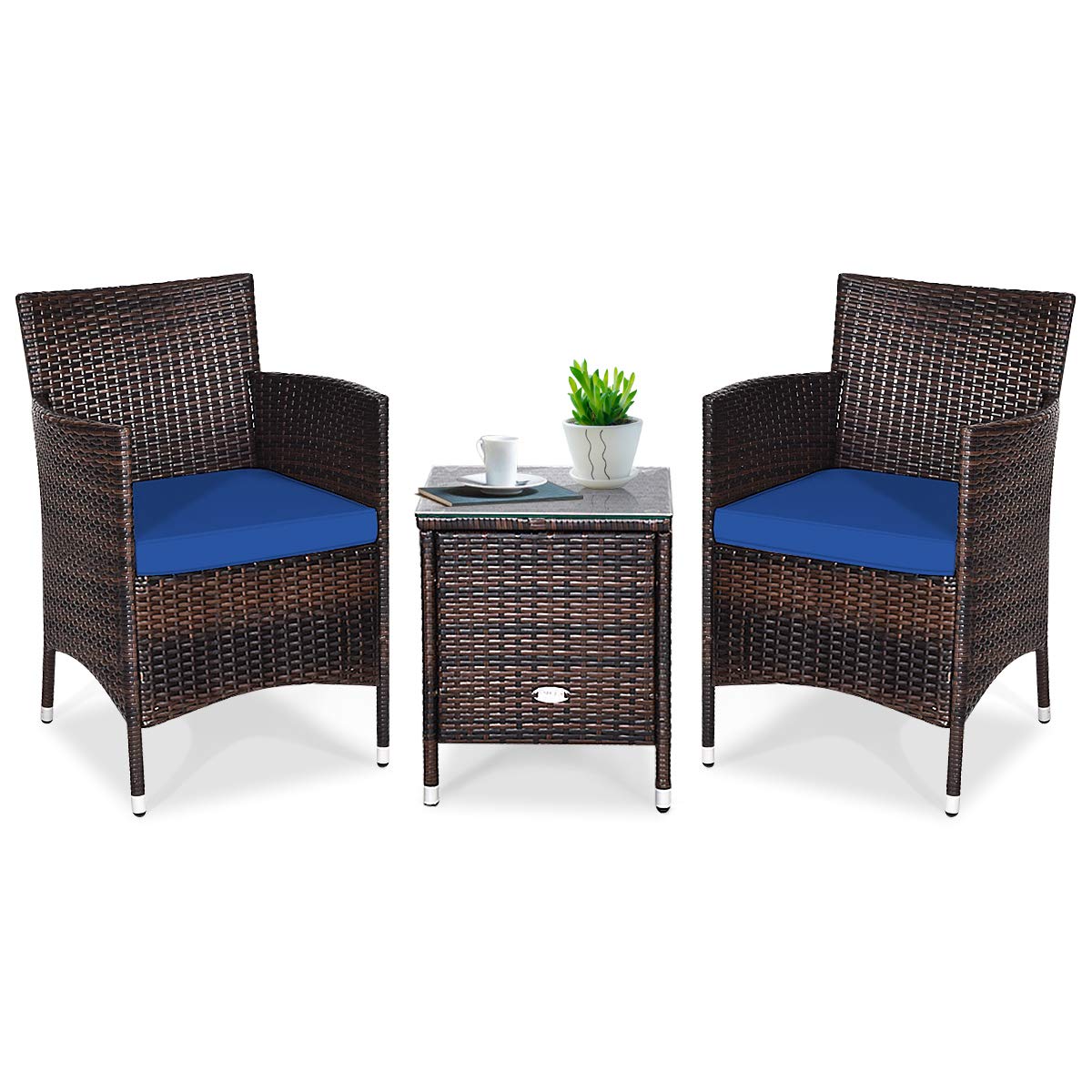 DORTALA Wicker Patio Furniture Set 3 Piece, Small Outdoor Table & Chairs Set with Cushions, All-Weather Rattan Conversation Bistro Set for Balcony,