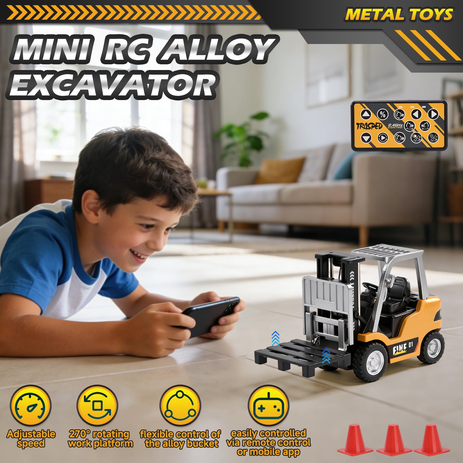 Mini Chariot Élévateur RC en Métal, 1:64 Chariot Élévateur Télécommandé avec Application & Télécommande 2,4 GHz, Fourche, Crochet et Palette, Engin de Chantier RC avec Lumières et Sons