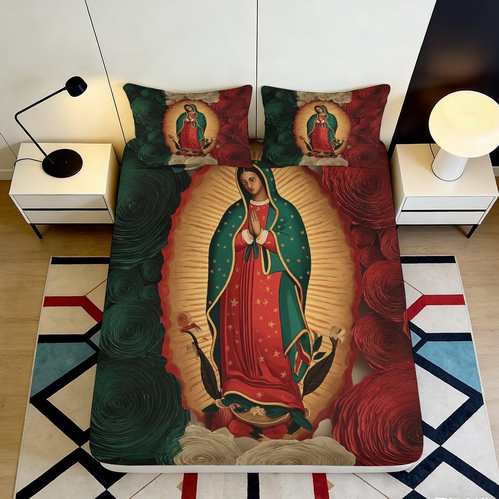 Zfldkwgb Style-8 3D Printed Virgin Of Guadalupe Fitted Sheet Microfiber Red Green Religious Art Mattress Cover For Bedroom Dorm Decor 90X200x25cm