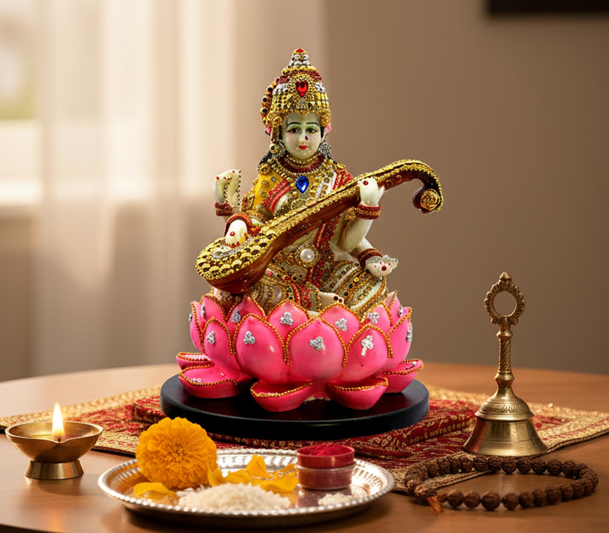 Esplanade Multicolor Saraswati On Lotus | Saraswati Goddess Murti Idol Statue Sculpture Figurine - Resin - 11" Inches - Multi