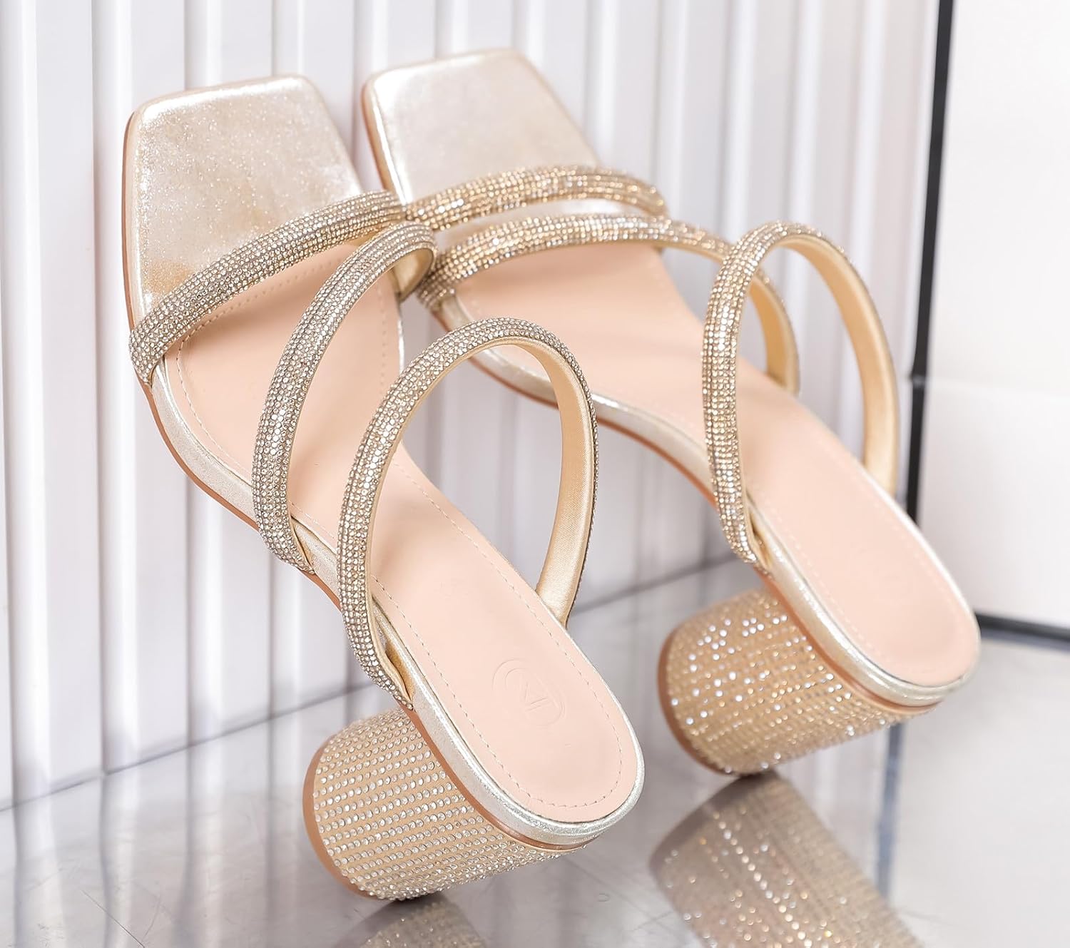 DADAWEN Women's Rhinestone Heeled Sandals Square Toe Strappy Chunky Block Heels for Women Comfortable Wedding Party Dress Pumps Shoes