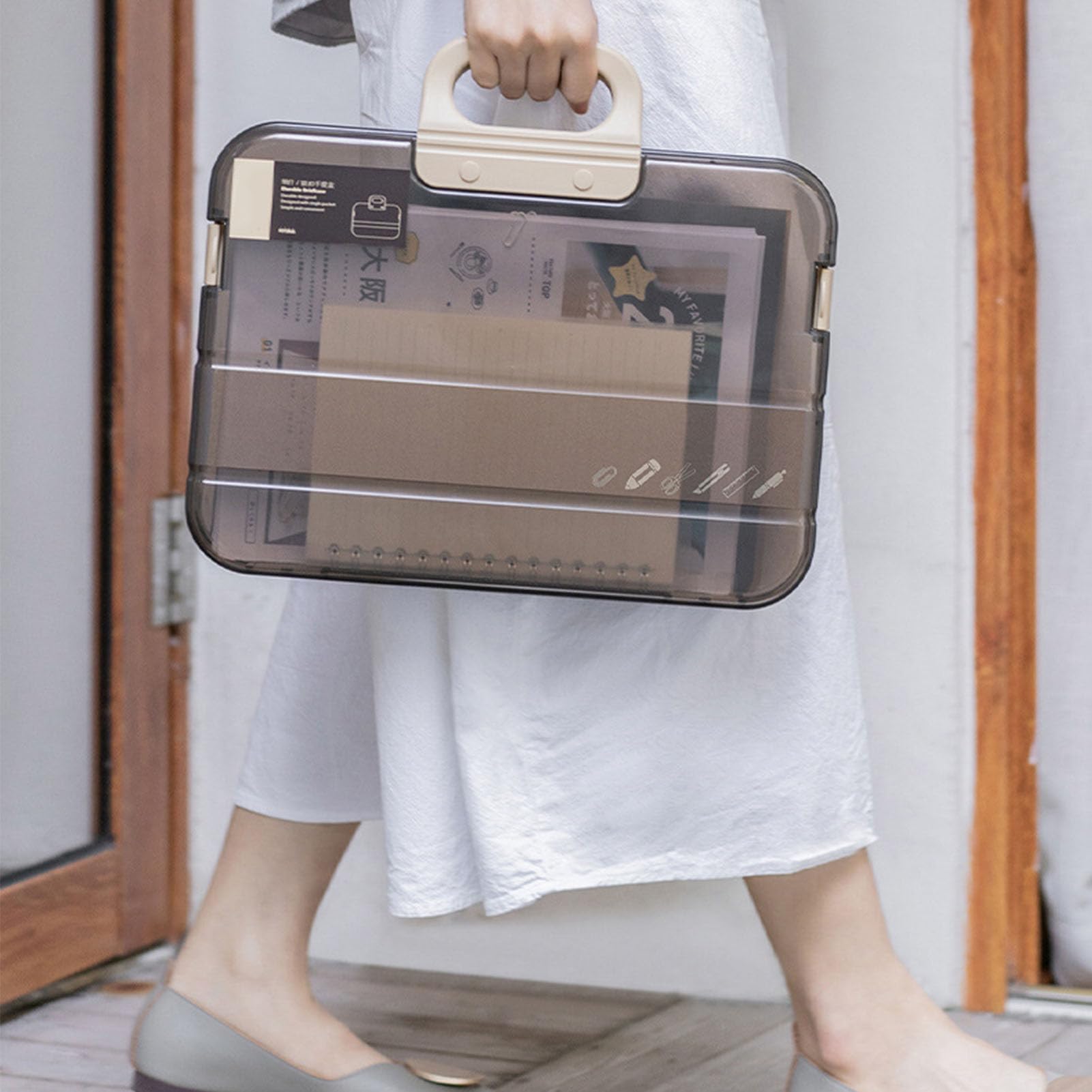 Transparent File Box, Craft Organizers and Storage Plastic Scrapbook Paper Storage Cases Portable Project Case with Handle Plastic File Case(Coffee)