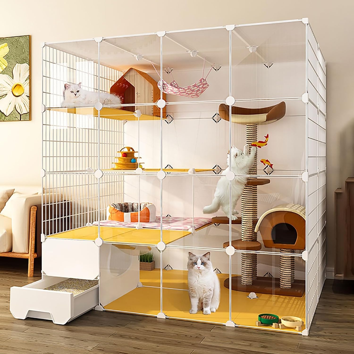 Gabbie per Gatti di Grandi Dimensioni al Coperto, Box per Gatti Fai-da-Te con Lettiera per Gatti, Recinto per Animali Domestici in Filo Metallico Staccabile Semichiuso, Ampio Spa, 147x75x147cm