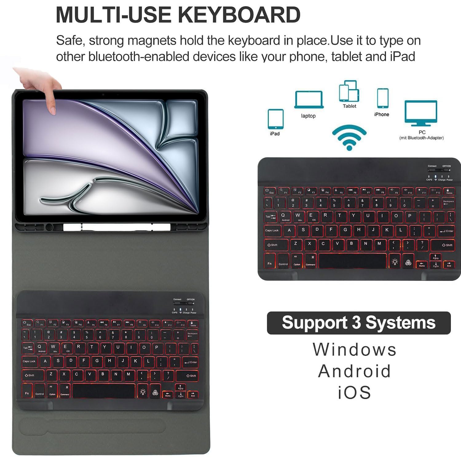 Clavier Bluetooth Détachable Coloré Pour IPad Pro 12,9" Et IPad Air 13" - Étui TPU Inclus, Souris 2,4G, Porte-crayon