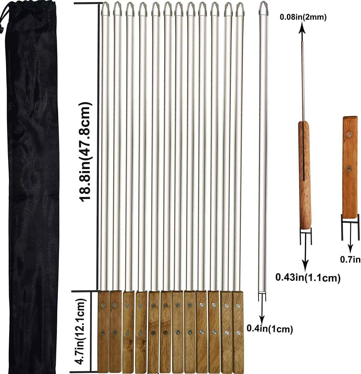 Confezione da 12 spiedini per kebab e barbecue, in acciaio inox, 50 cm, resistenti, grandi, riutilizzabili, con manico in legno antiscivolo, ideali per shish, kebab, pollo, gamberetti e verdure